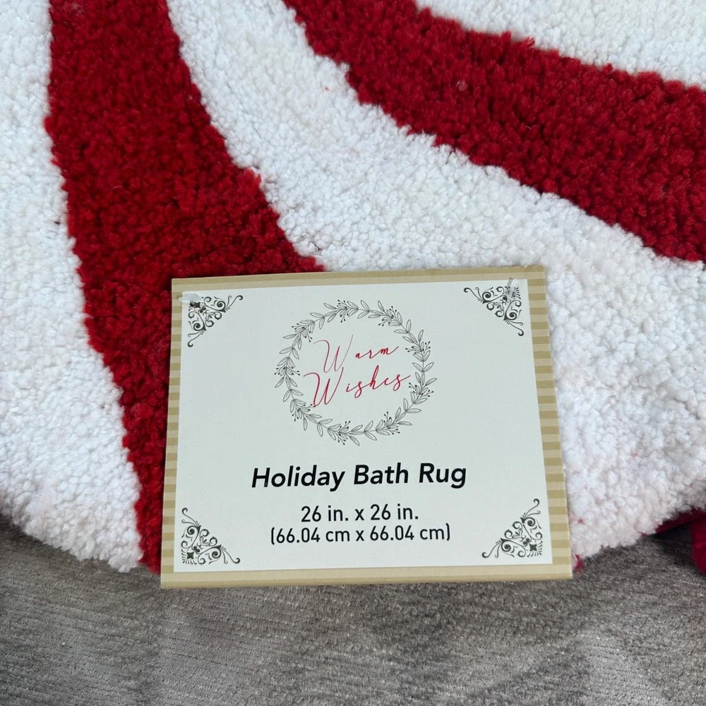 Warm Wishes Holiday Bath Rug Red White Peppermint Swirl Pom Pom 26in Round NEW